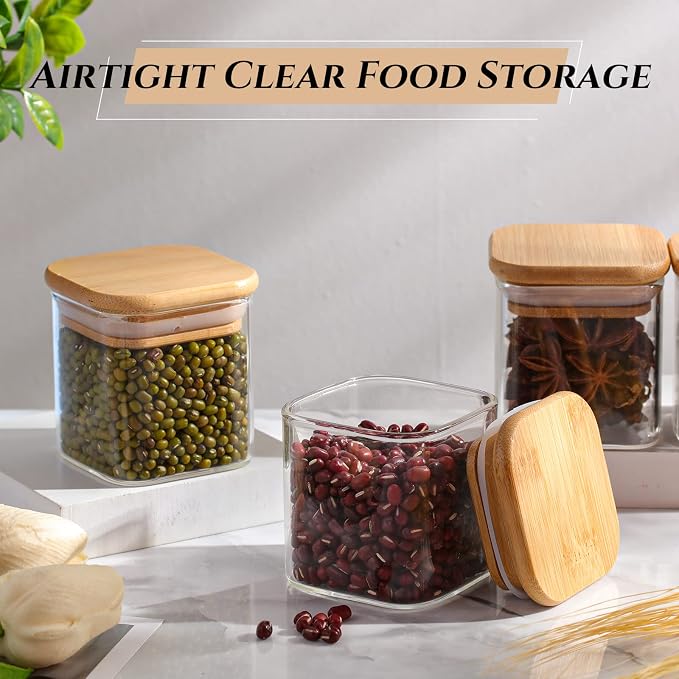 Nuenen Set of 24 Airtight Square Spice Containers 4 oz Glass Spice Jars with Bamboo Lid Small Seasoning Jars Empty Food Storage Containers for Pantry Clear Food Canisters for Kitchen Sugar Coffee