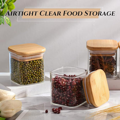 Nuenen Set of 24 Airtight Square Spice Containers 4 oz Glass Spice Jars with Bamboo Lid Small Seasoning Jars Empty Food Storage Containers for Pantry Clear Food Canisters for Kitchen Sugar Coffee