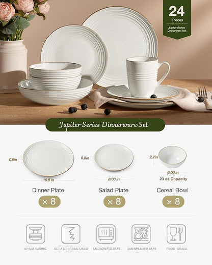 Famiware Jupiter 24-Piece Stoneware Dinnerware Set, Handcrafted Plates and Bowls with Speckles & Embossed Swirls, Chip/Scratch Resistant, Microwave/Dishwasher Safe, Rustic Dishes, Service for 8, White