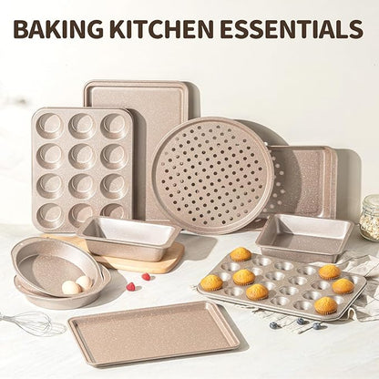 Terlulu 10-Piece Baking Pans Set, Bakeware Sets Nonstick, Baking Set for Oven Cooking, Stackable Carbon Steel Pans Include Cookie Sheets, Muffin Pan, Cake Pan, Pizza Pan, Loaf Pan, Roasting Pan, Gold