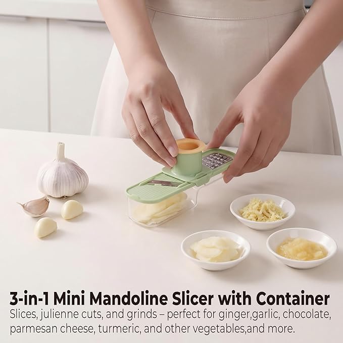 Mini Mandoline Slicer 3 in 1 – Vegetable Chopper with Container, Ginger Garlic Grater, Handheld Kitchen Tool