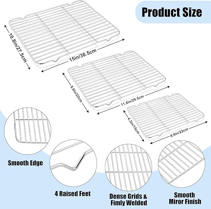 3 Set Baking Sheet with Rack, Stainless Steel Cookie Sheet with Cooling Rack(3 Pans + 3 Racks), Nonstick Baking Pan, Heavy Duty Cookie Sheets for Cooking, Oven & Dishwasher Safe, 9/12/16 Inch