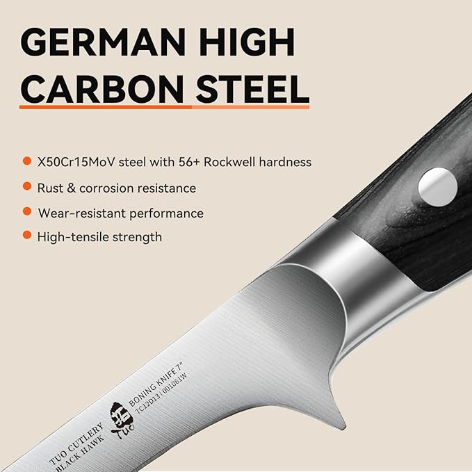 TUO Boning Knife - 7 inch Fillet Knife Flexible Kitchen Knives - German HC Steel Blade for Poultry and Fillet Fish - Full Tang Pakkawood Handle - BLACK HAWK SERIES with Gift Box