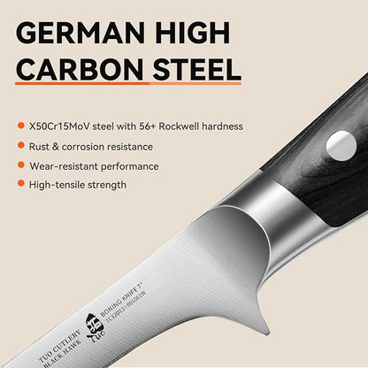 TUO Boning Knife - 7 inch Fillet Knife Flexible Kitchen Knives - German HC Steel Blade for Poultry and Fillet Fish - Full Tang Pakkawood Handle - BLACK HAWK SERIES with Gift Box