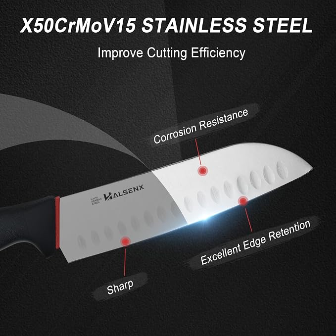 7 inch Santoku Knife- Razor-Sharp High Carbon Stainless Steel with Fluted Edge, Non-Slip Softgrip Handle,Multi-Purpose Kitchen Knife for Vegetable Chopping, Precise Dicing, Meat Slicing