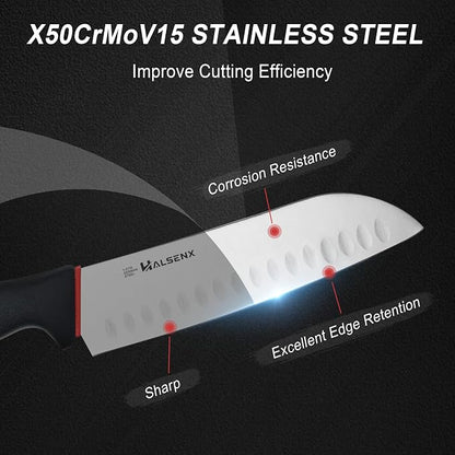7 inch Santoku Knife- Razor-Sharp High Carbon Stainless Steel with Fluted Edge, Non-Slip Softgrip Handle,Multi-Purpose Kitchen Knife for Vegetable Chopping, Precise Dicing, Meat Slicing