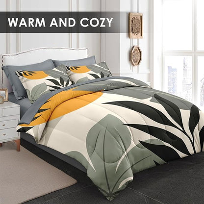 Pamnest Comforter Set King Size, Tropical Palm Leaves 7 Pcs Bedding for Kids and Adults, Vintage Monstera Bed Sheet Sets with Fitted Sheet 2 Pillowcase & 2 Sham for Bedroom Bed Decor