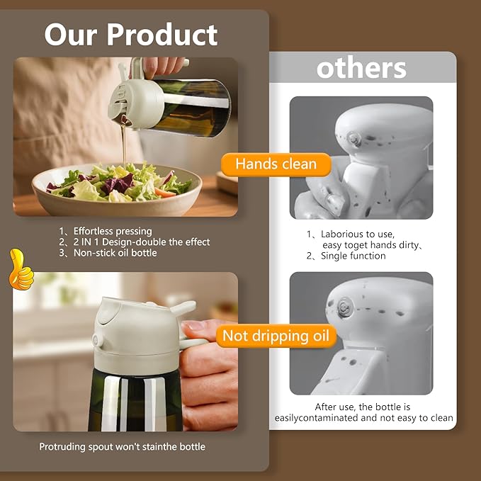 SWEET VIEW Olive Oil Dispenser and Oil Sprayer – 16oz/470ml Glass Light-Proof Oil Pourer for Kitchen with Stickers for Air Fryer, Cooking, Salad, and BBQ