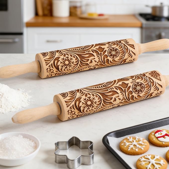 Wooden Embossed Rolling Pin for Baking & Crafts-Easy to Clean, Lightweight Design for Cookie Dough, Pie Crust & Pastry- Deep Engraved Pattern Roller Also Perfect for Clay- Essential Kitchen & DIY Tool