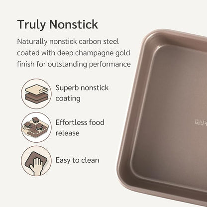 HAPPIELS 9x9in Square Baking Pan Nonstick for Oven Baking, PFOA & BPA Free | Non Toxic 9 x 9 Inch Cake & Brownie Pan | Best Nontoxic Square 9x9 inches Pans Non Stick| Carbon Steel Gold bakeware