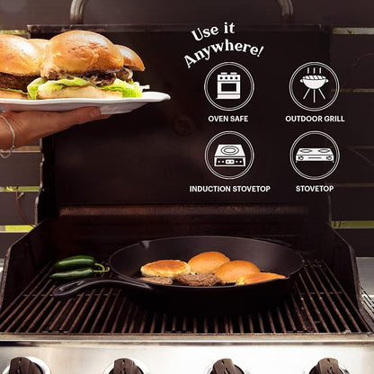 Cast Iron Skillet + Pan Scraper - 15"-Inch Pre-seasoned Frying Pan + Heat-Resistant Silicone Handle Grip - Oven-Safe Kitchen Cookware - Indoor/Outdoor Use - Camping, Grilling, BBQ, Open Fire Safe