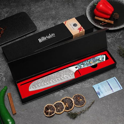 Home Safety Damascus Santoku Knife, 18cm Chef's Knifes Made of 67 Layers of VG-10 Damascus Steel, Full Tang Razor Sharp Kitchen Knife with Ergonomic Abalone Shell Handle, Gift Box