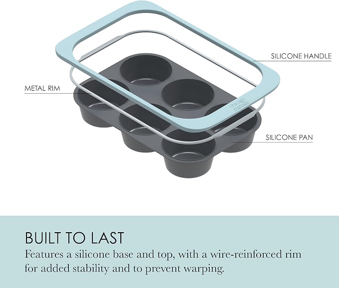 Chicago Metallic Silicone Muffin Pan, 6 Cup Nonstick Cupcake Tin with Wire-Reinforced Rim, Flexible Bakeware for Muffins, Egg Bites and More, Oven Safe to 428F, 10 x 8.6 Inches, Blue