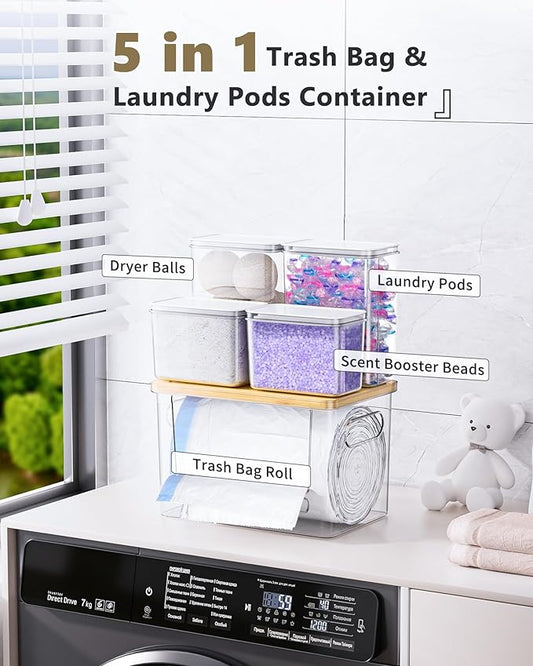 iCASA Trash Bag Holder Laundry Pods Container - 5 in 1 Garbage Bag Dispenser for 13/30/33 Gallon Bags, Clear Stackable Kitchen Under Sink Organizer Dishwasher Pod Storage Home Organization Must Haves