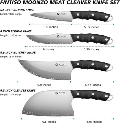 FINTISO Hand Forged Viking Knife Set, 4 PCS Kitchen Knives with Butcher Knife, Serbian Chef Knife & 2 Boning Knives, 5-Layer High Carbon Steel, Full Tang G10 Handle for Kitchen, BBQ & Camping