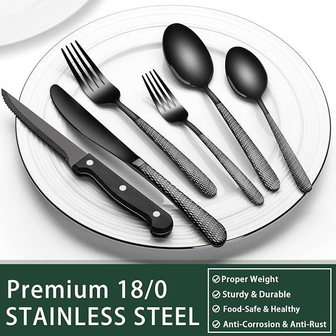 EWFEN 24-Piece Black Silverware Set with Steak Knives, Black Flatware Set for 4, Food-Grade Stainless Steel Tableware Cutlery Set, Mirror Finished Utensil Sets for Home Restaurant, Round Hammered
