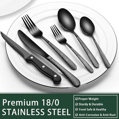 EWFEN 24-Piece Black Silverware Set with Steak Knives, Black Flatware Set for 4, Food-Grade Stainless Steel Tableware Cutlery Set, Mirror Finished Utensil Sets for Home Restaurant, Round Hammered