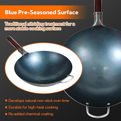 14 Inch Carbon Steel Wok with Lid, Round Bottom Wok Pan, Blue Pre-Seasoned Chinese Stir Fry Pan for Open Flame Cooking, Large Traditional Pow Wok for BBQ, Grill, Camping, Home Cooking