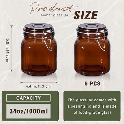 Norme 6 Pack 34oz Amber Airtight Glass Jars with Lids, Square Food Storage Container Airtight Food Wire Clip Fastening for Sauerkraut Flour Kitchen Sugar Cereal Kitchen Canning Pickling Mason Jars
