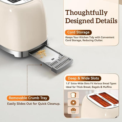 RONGBEST Retro 2 Slice Touchscreen Toaster with Stainless Steel Wide Slot for Breakfast Bread Bagel, Reheat & Defrost, 6 Browning Levels, Removable Crumb Tray, Cream Color