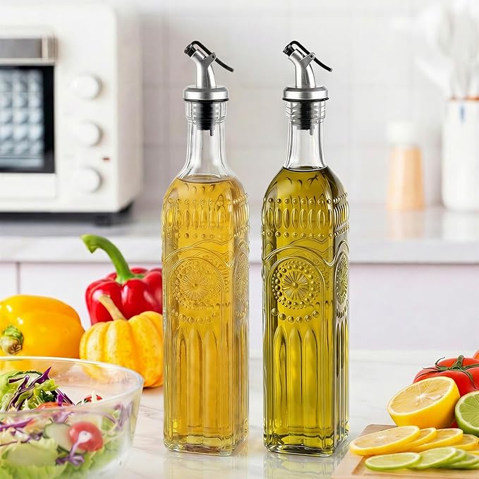 WERTIOO Olive Oil Dispenser Bottle for Kitchen,17oz Clear Glass Cooking Olive Oil and Vinegar Dispenser with Funnel, Delicately Engraved Glass Bottles for Kitchen