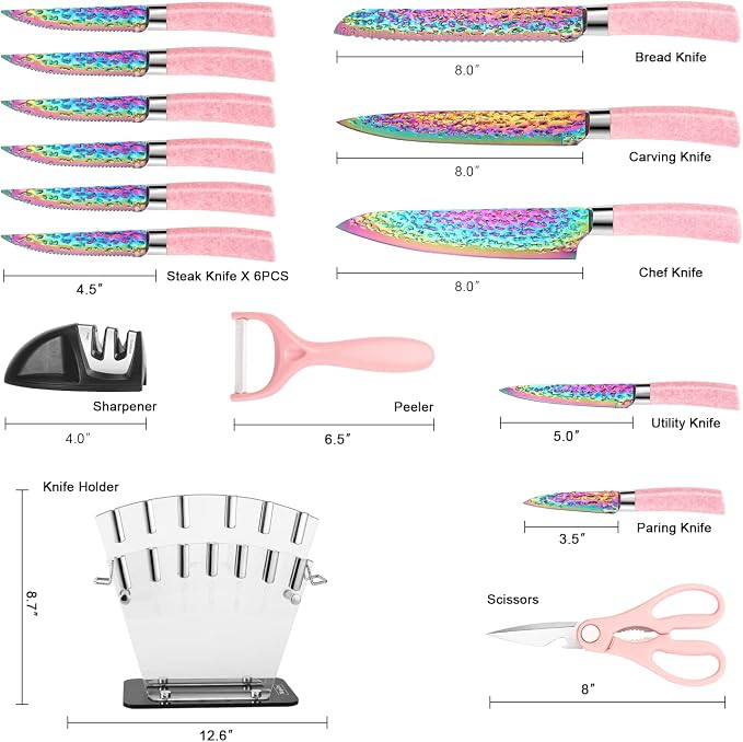 Rainbow Titanium Knife Set, Non Stick Thick and Sharp Stainless Steel 15 Pcs Cutlery Kitchen Knives Set with Acrylic Block, Chef Quality for Home & Pro Use, Best Gift, Pink Color