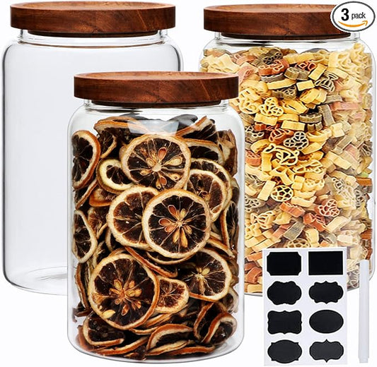 Large Glass Jars,Set of 3 Glass Jars with Wooden Airtight Lids,Food Storage Container for Tea,Spice,Cereal, Egg,Flour,Coffee and More(67 oz/2000 ml)