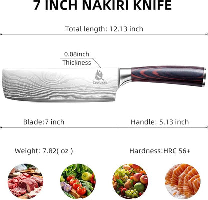 Nakiri Knife - Professional 7" Razor Sharp Meat Cleaver and Vegetable Kitchen Knife, Vegetable Chopping Knife, High Carbon Stainless Steel Blade with Ergonomic Handle