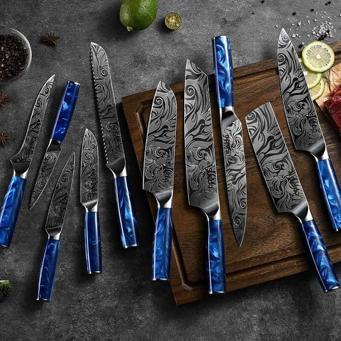 Seido Knives Tengoku Blue 10-Piece Chef Knife Set – Handmade High-Carbon Stainless Steel Blades, Resin Epoxy Handles, Ergonomic Balanced Professional Kitchen Knives