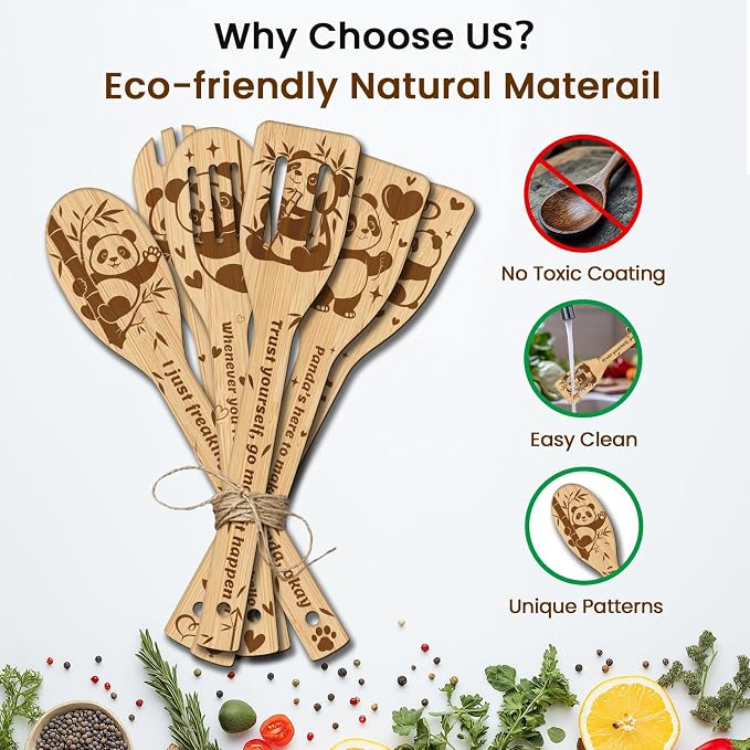 CUTHOLLOW 6PCS Pandas and Bamboo Wooden Kitchen Cooking Utensil Set, 11.9in Non Toxic Bamboo Wood Spoon Set for Cooking, Best Housewarming Birthday Thanksgiving Christmas Gift for Women Mother