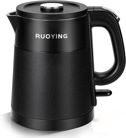 0.8L Small Electric Kettle, Travel Portable Double Wall Stainless Steel Water Boiler, 304 Food Grade Seamless Inner Tank, 120V/1000W Fast Boiling, Auto Shut-Off & Boil Dry Protection(Black)