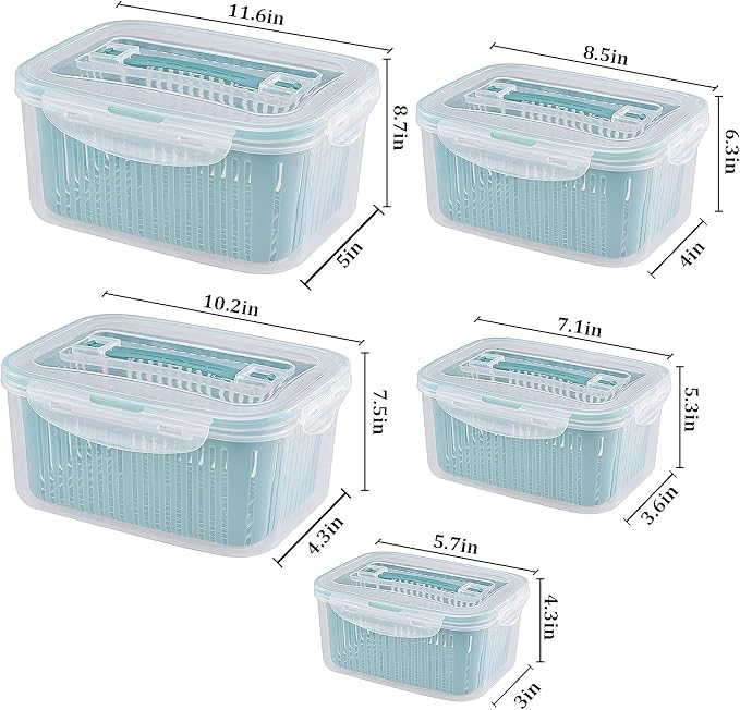 U/C Plastic Food Storage Containers, Fresh Vegetable Fruit Storage Containers for Refrigerator, Kitchen Produce Saver Container with a Draining Basket, BPA Free (5 Pack)