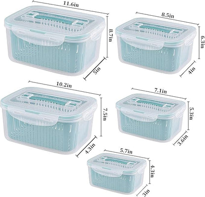 U/C Plastic Food Storage Containers, Fresh Vegetable Fruit Storage Containers for Refrigerator, Kitchen Produce Saver Container with a Draining Basket, BPA Free (5 Pack)