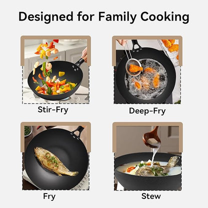 WANGYUANJI 11.8" High Purity Iron Wok Pan,Flat Bottom Stir Fry Pan for Electric,Induction & Gas Stoves,No Chemical Coating Carbon Steel Alternative,Traditional Hand-Hammered Skillet for Cooking