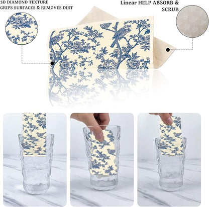 Blue Floral Swedish Dishcloths for Kitchen, 6 Pack Blue Whihe Floral Swedish Dish Cloths, Absorbent Fast Drying Sponge Cleaning Paper Towels for Cooking Home Decoration Housewarming Gift