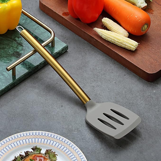 Berglander Non-stick Silicone Slotted Turner with Titanium Gold Plated Handle for Cooking, Dishwasher Safe, Easy to Clean