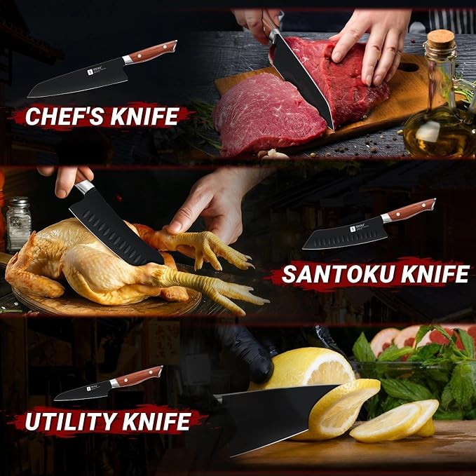 TIVOLI 3 Piece Kitchen Knife Set - High Carbon Steel - Black Blade Rustproof Coating - Chef Knife Set with Ergonomic Wood Handle, Cooking Knives for Meat Vegetable Fruit, Gift Box Sharp Knives