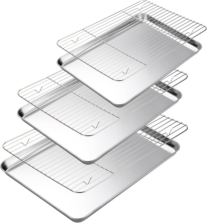 Amrules Baking Sheet with Cooling Rack Set of 6, 3 Premium Stainless Steel Cookie Sheets and 3 Wire Racks, Kitchen Nonstick Baking Pans Set Includes 3 Different Sizes, Heavy Duty Non Toxic
