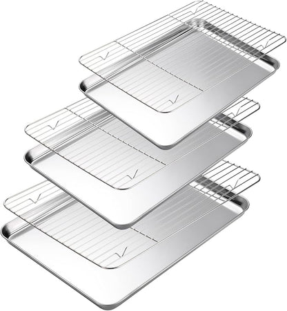 Amrules Baking Sheet with Cooling Rack Set of 6, 3 Premium Stainless Steel Cookie Sheets and 3 Wire Racks, Kitchen Nonstick Baking Pans Set Includes 3 Different Sizes, Heavy Duty Non Toxic