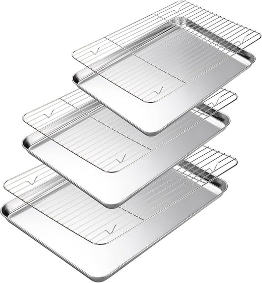 Amrules Baking Sheet with Cooling Rack Set of 6, 3 Premium Stainless Steel Cookie Sheets and 3 Wire Racks, Kitchen Nonstick Baking Pans Set Includes 3 Different Sizes, Heavy Duty Non Toxic
