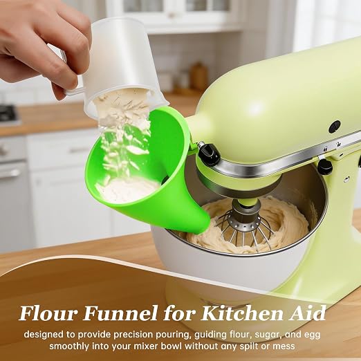 Green Mess-Free Funnel for Kitchen Aid Mixer, Kitchen Aid Attachment for 5 Qt Tilt-Head Models(KSM150), Flour Funnel for Easy Pour and Without Splashing, Easy Clean