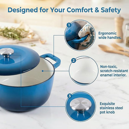 5QT Enamel Cast Iron Dutch Oven with Lid,Dual Handles,Versatile Heavy-Duty Non-toxic Cookware for Sourdough Bread Baking,Braising,Stews,Roasting,Oven Safe up to 500°F blue