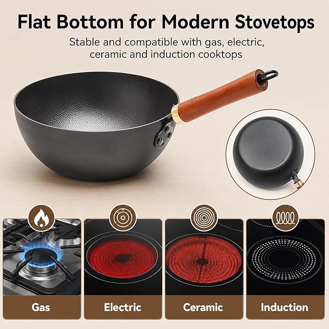 WANGYUANJI 8.7-Inch Carbon Steel Mini Wok, Flat Bottom Small Stir Fry Pan for 1–2 Servings, Uncoated Textured Wok for Gas, Electric, Ceramic & Induction Stoves, with Lid & Spatula