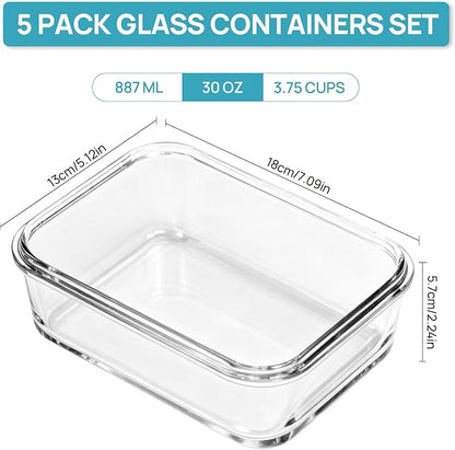 Vtopmart 5Pack 30oz Glass Storage Containers with Lids, Glass Meal Prep Food Container Sets with Snap Airtight Lid for Microwave, Oven, Freezer and Dishwasher, Grey
