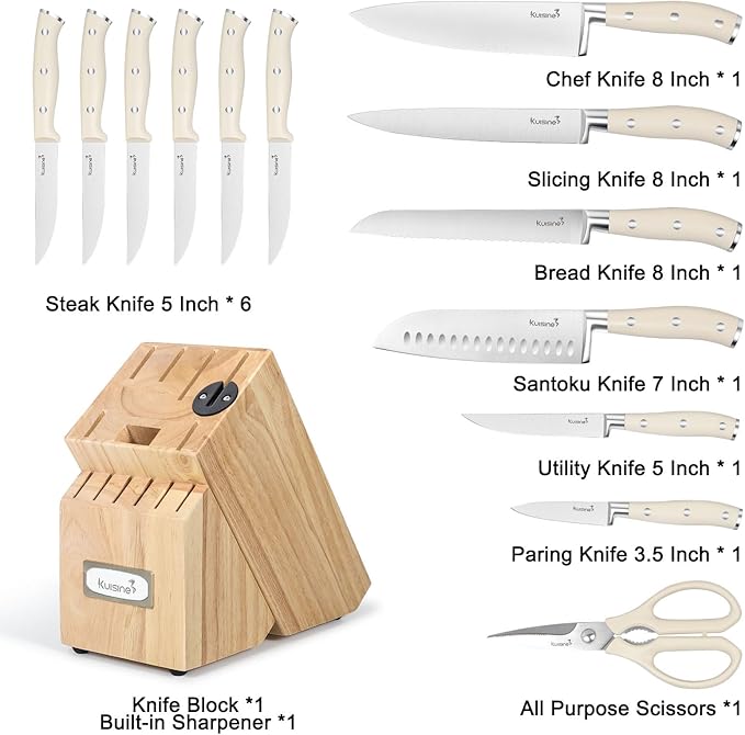 Kuisine Knife Set with Block and Sharpener, High Carbon Stainless Steel Chef Knife block Set for Kitchen（15 PCS Pro White）