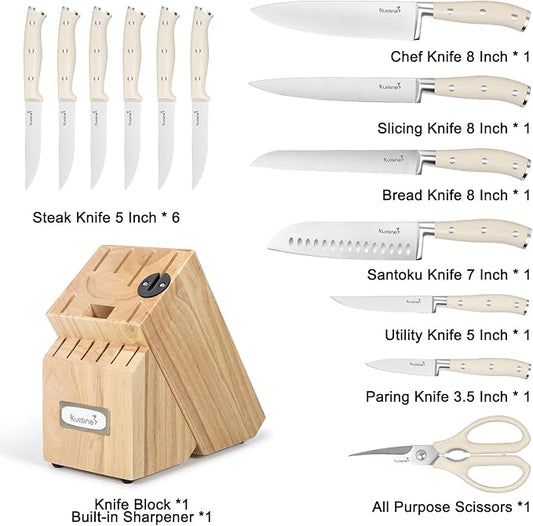 Kuisine Knife Set with Block and Sharpener, High Carbon Stainless Steel Chef Knife block Set for Kitchen（15 PCS Pro White）