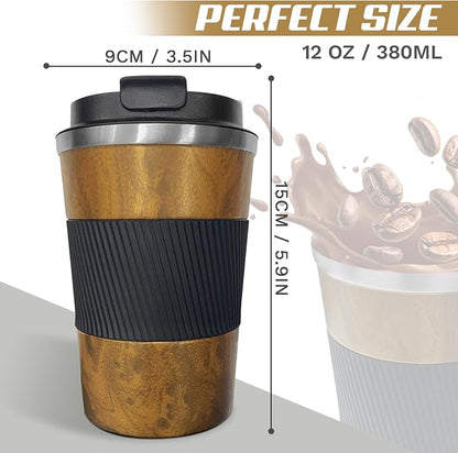 SPLMIFA Vacuum Insulated Stainless Steel Travel Coffee Mug with Lid, Leak-Proof Reusable Thermal Cup Keeps Drinks Hot & Cold for Hours, Durable Portable Tumbler for Men & Women (3rd-Wood Grain, 12OZ)