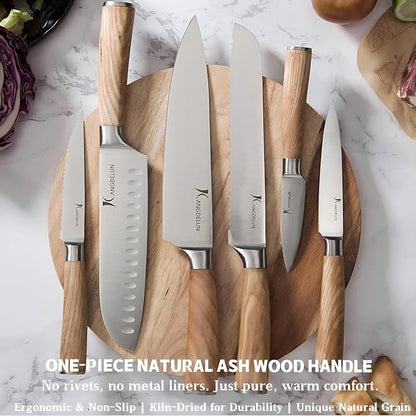 Kangdelun Ultra Sharp 15-Piece Kitchen Knife Set, High Carbon Stainless Steel Blades, Torrefied Natural Wood Handles, Ergonomic Design, Space-Saving Black-Finished Wood Block, Easy Hand Wash, Gift Box