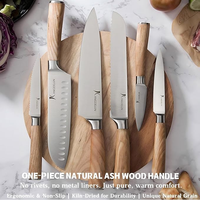 Kangdelun Ultra Sharp 15-Piece Kitchen Knife Set, High Carbon Stainless Steel Blades, Torrefied Natural Wood Handles, Ergonomic Design, Space-Saving White-Finished Wood Block, Easy Hand Wash, Gift Box