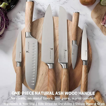 Kangdelun Ultra Sharp 15-Piece Kitchen Knife Set, High Carbon Stainless Steel Blades, Torrefied Natural Wood Handles, Ergonomic Design, Space-Saving White-Finished Wood Block, Easy Hand Wash, Gift Box